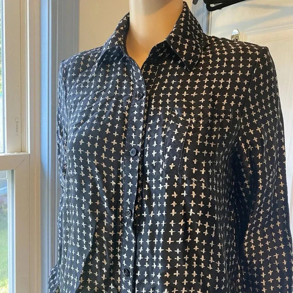 Rebecca Minkoff Womens Black Tan Abstract Silk Long Sleeve Button-Up Shirt Sz 2 - Picture 8 of 13